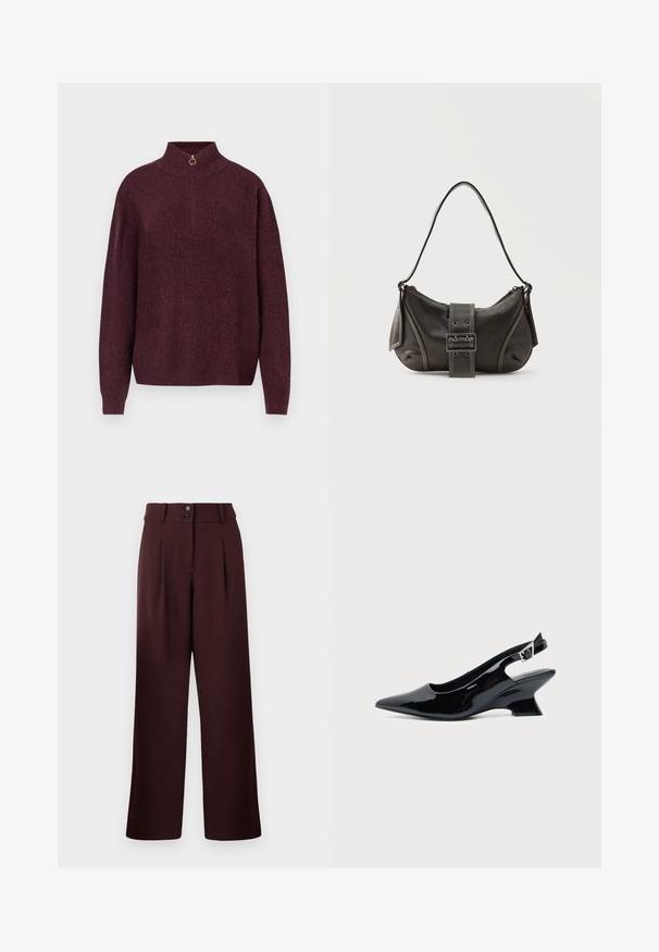 Pull en tricot bordeaux avec un col monté, doté d'une demi-fermeture éclair avec un tirette circulaire, texture côtelée et manches longues ajustées.; Pantalons évasés en bordeaux foncé, avec une taille haute, deux plis à l'avant et une fermeture à deux boutons. Fabriqués en tissu texturé.; Chaussure slingback en cuir verni noir avec bout pointu et petit talon bloc incliné sur fond clair uni.; Sac à épaule en cuir noir avec une sangle à boucle, des bords arrondis et des coutures blanches contrastées sur un fond uni.