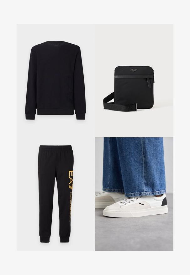 Sudadera negra hecha de una tela suave; cuenta con un cuello redondo, mangas largas y un detalle en relieve con el logo "EAC" en la parte inferior izquierda.; Chandal negro hecho de tela suave, con cinturilla elástica y tobillos ajustados. Marca amarilla impresa verticalmente en la pierna izquierda.; Zapatillas blancas y negras con una parte superior de cuero suave, acentos texturizados y una suela blanca gruesa. Presenta un diseño clásico de cordones.; Bolso de hombro negro cuadrado con cierre de cremallera, bolsillo delantero y correa ajustable con nombre de marca en relieve.