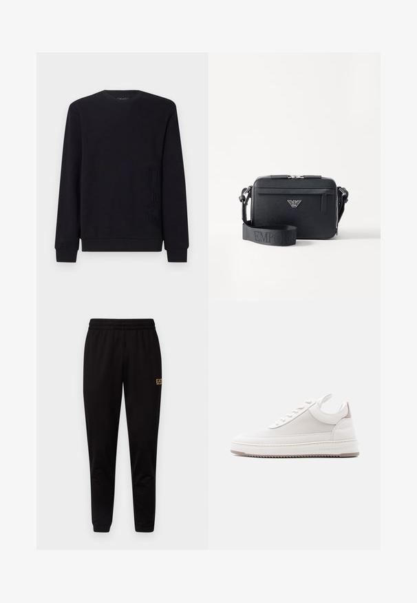 Sweat-shirt noir en tissu doux ; il possède un col rond, des manches longues et un détail en relief du logo "EAC" en bas à gauche.; Pantalons de survêtement noirs avec une taille élastique, des poignets ajustés et un petit logo jaune sur la cuisse gauche. Texture de tissu douce et lisse.; Baskets blanches basses avec panneau latéral texturé, col rembourré, fermeture à lacets et branding "Filling Pieces" sur le bord de la semelle.; Sac bandoulière noir en matériau texturé. Comprend une fermeture zippée, une poche zippée à l'avant et un accent en métal avec logo. Inclut une bandoulière réglable.