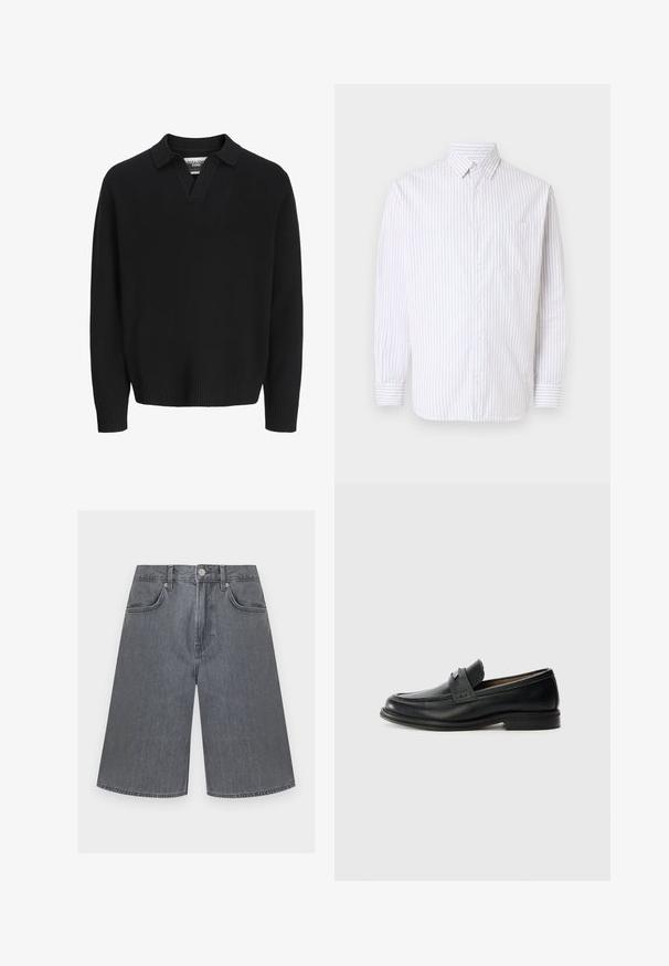 Pull en tricot noir avec un col en V. Équipé de poignets et d'un ourlet côtelés. Texture lisse, design minimaliste.; Chemise pour homme à manches longues, boutonnée, avec fines rayures verticales marron, poche poitrine unique et col pointu sur fond blanc.; Shorts en denim gris taille haute à jambes larges, avec bouton, fermeture éclair et deux poches avant sur fond uni.; Mocassins en cuir noir avec une finition lisse, dotés d'une bande supérieure texturée, d'un talon bas et de détails de couture minimalistes.