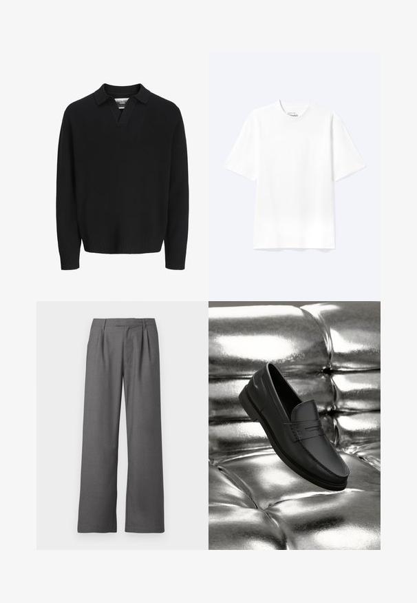 Pull en tricot noir avec un col en V. Équipé de poignets et d'un ourlet côtelés. Texture lisse, design minimaliste.; T-shirt blanc uni à manches courtes et col rond avec une coupe décontractée, présenté sur un fond clair.; Pantalons gris à jambes larges en tissu lisse, dotés d'un devant plissé, de poches latérales et d'une taille ajustée avec passants de ceinture.; Mocassins en cuir noir à texture lisse, avec des détails de couture et un design classique, présentés sur un fond métallique et brillant.
