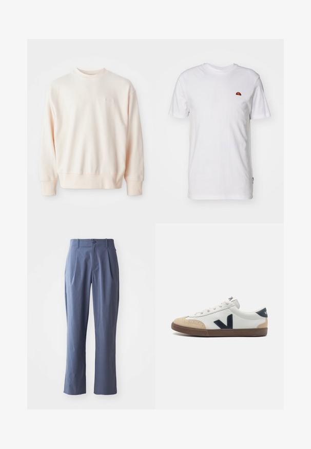 Helles rosa Sweatshirt aus weichem Material, mit Rundhalsausschnitt, gerippten Bündchen und Saum; kleines geprägtes Logodetail auf der Vorderseite.; Schlichtes weißes kurzärmeliges T-Shirt mit kleinem rot-orangefarbenem Halbkreis-Logo im oberen linken Brustbereich.; Marineblaue Hose mit Falten, gerader Schnitt, aus leichtem Stoff, mit einem einzigen Frontknopfverschluss und Gürtelschlaufen.; Weiße Leder-Sneaker mit beigem Zehenbereich, navyblaue seitliche "V"-Logos und brauner Gummisohle. Enthält runde Schnürsenkel und strukturierte Akzente.