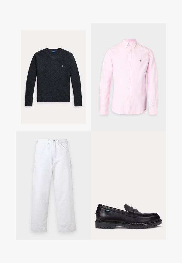 Pull en tricot gris foncé avec un col rond, un tissu texturé et un logo brodé sur le côté gauche de la poitrine. Manches longues et poignets côtelés.; Chemise rose clair à manches longues, boutonnée avec col boutonné et petit logo brodé sur la poitrine gauche.; Pantalon blanc taille haute à jambes droites avec passants pour ceinture, poches avant, fermeture à boutons et une poche utilitaire latérale sur un fond uni.; Mocassin en cuir noir avec une semelle épaisse à crampons et une petite étiquette verte "Polo" sur le côté extérieur, près du talon.