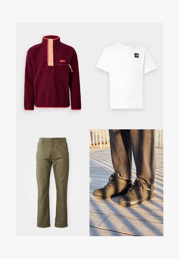 Bordeaux fleece-paita, jossa on korkea kaulus, vaalean beige nappilistaan, rintatasku vetoketjulla ja kontrastivärinen oranssi somistus.; Valkoinen puuvillainen lyhythihainen T-paita, jossa musta neliönmuotoinen logo vasemmassa rinnassa ja pyöreä kaulus.; Khaaki cargo-housut, jotka on valmistettu kestävästä puuvillakankaasta. Niissä on sivutaskut, suorat lahkeet ja vetoketjuluukku nappikiinnityksellä.; Mustat Timberland-vaelluskengät, joissa on korkea varsi, teksturoitu pinta ja pyöreät nauhat, taustalla puulattia.