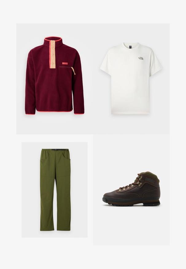 Bordeaux fleece pullover med høj krave, lysecreme knaplukning, brystlomme med lynlås og kontrasterende orange kant.; Hvid bomuld T-shirt med korte ærmer, rund hals og et lille, trykt logo på venstre bryst. Glat tekstur, afslappet pasform.; Olivengrønne bukser med lige ben, elastisk talje og sort justerbart spændebælte, forlommer og sidelommer, detaljer med søm foran.; Brune læder vandrestøvle med grøn stofkrave. Har metal snørehuller, gummisål og struktureret sål til greb.