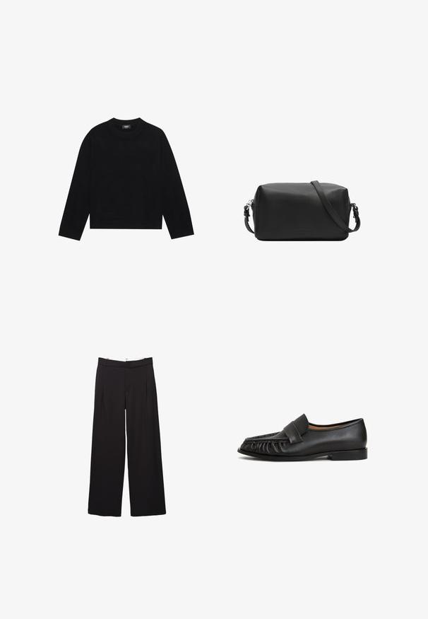 Pull à col rond noir à manches longues, avec des poignets et un ourlet côtelés, fabriqué dans un matériau doux. Design simple et épuré sans motifs ni accents.; Pantalon large noir à plis avant avec passants pour ceinture, coupe ajustée, taille moyenne, et fermeture avant dissimulée.; Mocassins en cuir noir avec un bout arrondi, des détails plissés à l'avant et une semelle plate. Design minimaliste avec une texture lisse.; Sac bandoulière rectangulaire noir avec sangle réglable, texture en cuir grainé et ferrures argentées sur fond blanc.