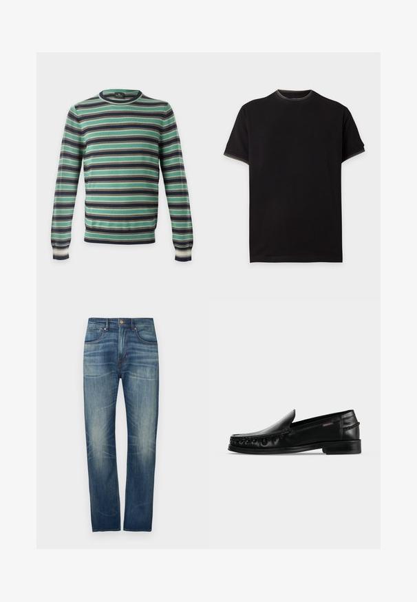 Pull à manches longues col rond avec des rayures horizontales en vert, noir, blanc et marron, présenté sur un fond uni.; T-shirt noir à manches courtes avec encolure ronde, présentant des coutures multicolores discrètes sur le col et les bords des manches.; Jean en denim bleu foncé à coupe droite, avec un léger délavage, cinq poches et une fermeture par bouton à la taille.; Mocassin noir en cuir à enfiler avec un petit talon et un détail moc toe cousu, présenté sur un fond uni gris clair.