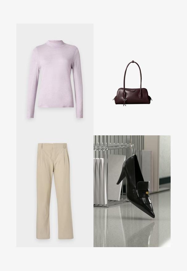 Lys lavendel langærmet turtleneck top lavet af blødt, tekstureret stof; tætsiddende design med en høj, snug krave.; Beige brede benbukser lavet af bomuldsblanding; har folder foran, lige snit og bælteløkker. Glat tekstur, ingen mønstre.; Sort læder højhælet sko med spids snude og dekorativ frynse svævende over en skinnende gulv nær metalreol med dokumenter.; Mørkebrun lædertaske fra Calvin Klein med lange dobbelte håndtag og en lille logohængende ved det ene håndtag.