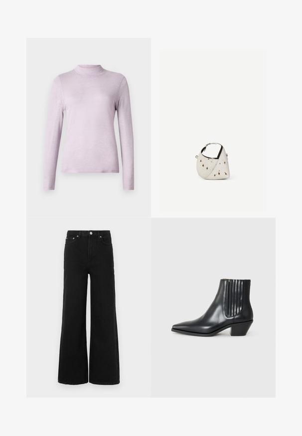 Lys lavendel langærmet turtleneck top lavet af blødt, tekstureret stof; tætsiddende design med en høj, snug krave.; Sorte jeans med vide ben lavet af denim; har høj talje, forlommer og knaplukning. Ingen synlige mønstre eller pynt.; Sorte læder ankelstøvle med spids tå, elastiske sidepaneler med lodrette riller og en lav blokhæl. Glat tekstur og slankt design.; Lille hvid håndtaske med brune pletter, afrundet trekantet form, sort indvendig foring og kort justerbar rem med sølvspænde.