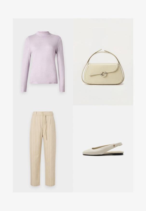 Suéter de manga larga en lavanda claro con cuello alto, hecho de una tela suave y texturizada; diseño ajustado con un cuello alto y ceñido.; Pantalones a rayas beige con un corte relajado, que cuentan con una cintura ajustada, cierre de botón y cinturón de lazo, confeccionados en un tejido ligero.; Zapato plano slingback de cuero color crema con puntera redondeada y pequeño emblema dorado en la correa.; Bolso de mano de cuero beige con solapa curva, cierre circular plateado y asa corta superior sobre un fondo blanco liso.