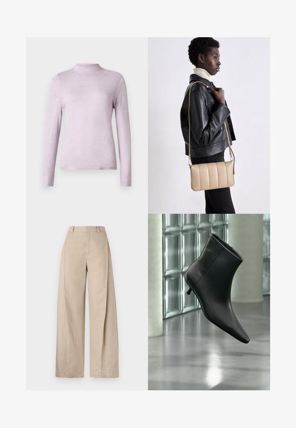Haut à manches longues en tulle lavande clair avec col montant, fabriqué en tissu doux et texturé ; design ajusté avec un col haut et serré.; Pantalons larges en lin beige à taille haute, avec une texture lisse et des lignes épurées, conçus pour un ajustement décontracté.; Bottine en cuir noir à bout pointu et petit talon kitten, présentée en angle devant un sol poli et un mur en blocs de verre.; Sac en cuir beige en bandoulière avec un design matelassé, de forme rectangulaire, avec une fine sangle et des détails en métal argenté, porté par une personne en veste noire.