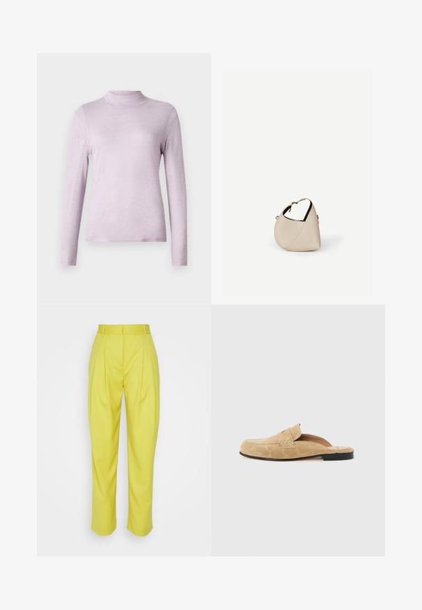 Suéter de manga larga en lavanda claro con cuello alto, hecho de una tela suave y texturizada; diseño ajustado con un cuello alto y ceñido.; Samsøe Samsøe LUZY TROUSERS - Pantalones - celery; Mocasín beige sin talón de cuero ante con suela negra y detalles con costuras sobre un fondo liso claro.; Bolso de cuero beige en forma de media luna con una sola correa para el hombro y costuras mínimas, colocado sobre un fondo blanco liso.