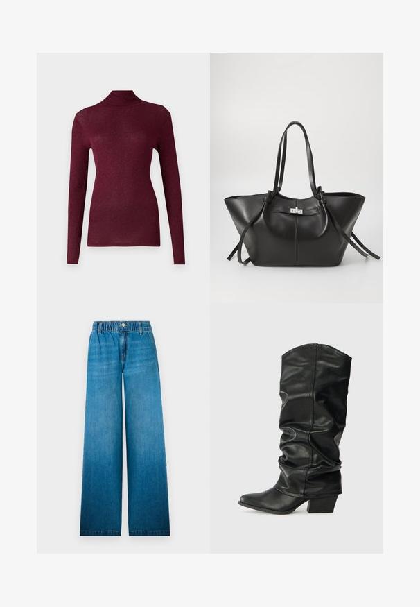Pull en maille côtelée bordeaux à manches longues et col roulé, avec un léger brillant, mettant en valeur une silhouette ajustée et un col haut.; Jean à jambes larges en denim bleu clair, dotés d'une taille élastique, d'une fermeture à bouton et d'un design droit avec un effet décoloré.; Bottes noires en cuir, montantes jusqu'au genou, avec un design plissé, un bout pointu et un talon épais, présentant une texture lisse et des coutures minimales.; Sac fourre-tout en cuir noir avec une forme triangulaire large. Il est doté d'un fermoir métallique élégant, de longues anses et d'une texture lisse.