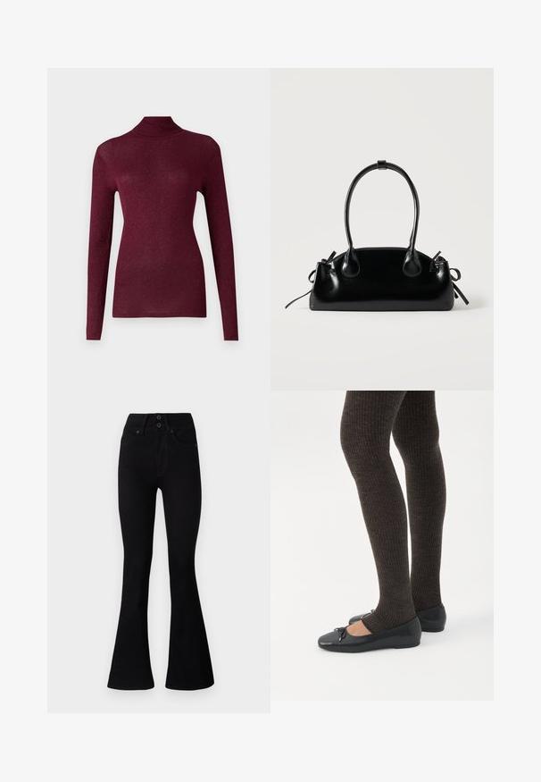 Burgundská svetrová blúzka s dlhým rukávom a rolákom z rebrového úpletu s jemným leskom, s priliehavým strihom a vysokým golierom.; Pepe Jeans FLARE CONTOUR - Zvonové džínsy - black denim; Nohy v tmavých pásikavých legínach v kombinácii s čiernymi balerínkami s malými mašličkami na bielom pozadí.; Malá čierna lesklá kabelka s dvoma dlhými rúčkami a bočnými šnúrkovými detailmi na jednoduchom svetlom pozadí.