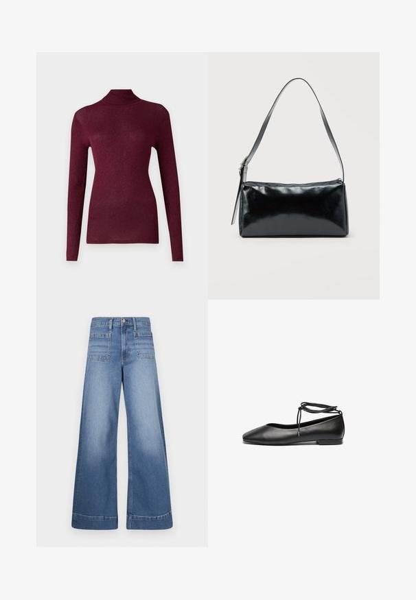 Pull en maille côtelée bordeaux à manches longues et col roulé, avec un léger brillant, mettant en valeur une silhouette ajustée et un col haut.; Jeans en denim bleu à taille haute, avec des jambes larges, deux poches avant et deux poches arrière, présentant une finition soignée et un léger décoloration.; Ballerines noires en cuir avec un bout pointu, un talon plat et un détail de lacet autour de la cheville. Texture lisse, design minimaliste.; Sac d'épaule rectangulaire noir avec une sangle réglable unique et une fermeture éclair supérieure sur un fond uni.