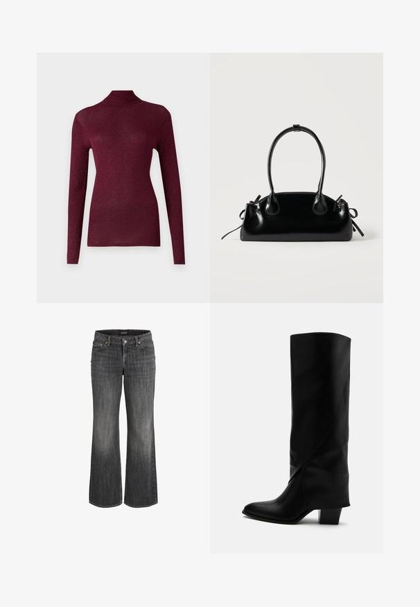 Bordeaux langærmet trøje med høj hals i ribstrikket stof med en subtil glimmer, der har en tætsiddende silhuet.; Sorte, falmede, straight-leg jeans i denim med forreste knap, bæltestropper og fem-lommer design.; Høj sort læderstøvle med skråt syning, spids tå og kraftig mellemhøj hæl på hvid baggrund.; Lille sort blank håndtaske med to lange håndtag og snøre-detaljer i siden på en ensfarvet lys baggrund.