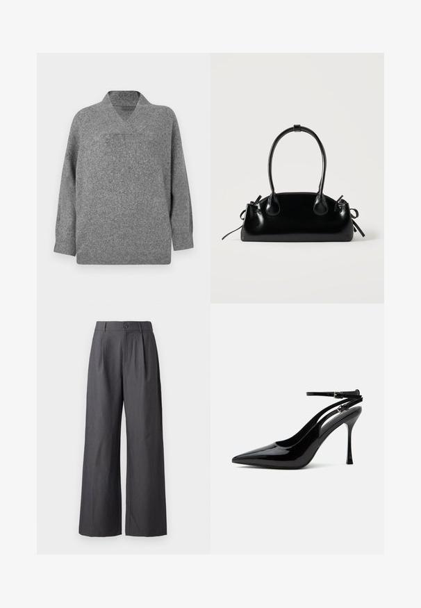 Suéter de lana gris con escote en V, hombros caídos y mangas largas. Textura suave con un ajuste ligeramente holgado y construcción sin costuras.; Pantalones anchos de pierna ancha de color gris oscuro con pliegues, trabillas para cinturón y cierre de botón en la cintura, mostrados sobre un fondo liso.; Zapato destalonado de piel de charol negra con tacón alto, punta puntiaguda y doble tirante en el tobillo con hebillas plateadas.; Pequeño bolso negro brillante con dos asas largas y detalles de cordón lateral sobre un fondo claro liso.