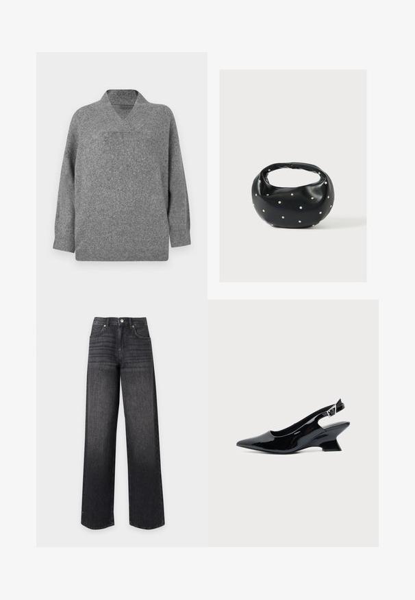 Suéter de lana gris con escote en V, hombros caídos y mangas largas. Textura suave con un ajuste ligeramente holgado y construcción sin costuras.; Vaqueros negros de denim de tiro alto y pernera recta con bolsillos delanteros, presillas para cinturón, botón y cierre de cremallera sobre fondo blanco.; Zapato slingback de cuero charol negro con puntera puntiaguda y tacón bajo en bloque inclinado sobre fondo claro liso.; Bolso de mano de cuero negro con forma redondeada, decorado con detalles de tachuelas plateadas y un asa corta. Textura lisa y cierre con cremallera.