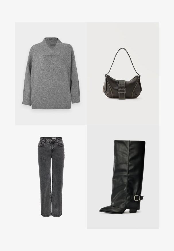 Grijze wollen trui met een V-hals, verlaagde schouders en lange mouwen. Zachte textuur met een iets overmaatse pasvorm en naadloze constructie.; Zwarte denim jeans met een rechte pijpdesign, voorzien van zijzakken, riemlussen en een subtiele vervaagde textuur.; Zwarte leren enkellange laarzen met een spitse neus, een gladde textuur en een zilveren gesps Accent aan de zijkant. Stevige vierkante hak.; Zwarte leren schoudertas met gespsluiting aan de riem, afgeronde hoeken en contrasterende witte stiksels op een effen achtergrond.