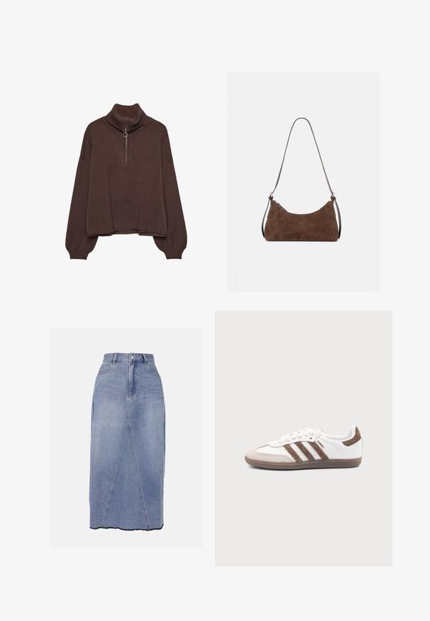 Brun pullover sweater med høj ribstrik krave, lynlås lukning, løs pasform og sænkede skuldre. Fremstillet af blødt strikmateriale.; Denim midi nederdel i lys blå, med høj talje, frontsømmene og en ujævn kant med rå kanter for et struktureret finish.; Hvid Adidas Samba sneaker med brune ruskindstriber, brun gummisål og beige ruskindståhætte, vist fra ydersiden på en ensfarvet baggrund.; Brun ruskind skuldertaske med en buet lynlås øverst og en tynd justerbar rem, vist mod en ensfarvet lys baggrund.