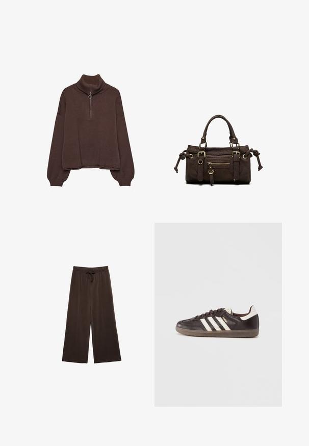 Pull en maille marron avec col haut à côtes, fermeture éclair, coupe ample et épaules descendues. Fabriqué en matériau tricoté doux.; Pantalons larges marron avec un waistband à cordon. Fabriqués en tissu doux, avec des coutures verticales à l'avant pour un détail supplémentaire.; Baskets en cuir marron foncé avec un design à trois bandes blanches, une semelle en caoutchouc et l'inscription "Samba" en lettres dorées sur le côté. Forme classique basse.; Sac à main en cuir marron foncé avec double poignée, poche avant zippée, boucles décoratives et nœuds latéraux sur fond blanc.