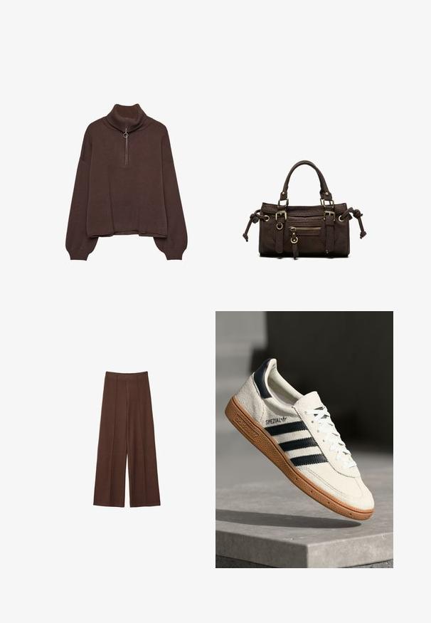 Brun pullover sweater med høj ribstrik krave, lynlås lukning, løs pasform og sænkede skuldre. Fremstillet af blødt strikmateriale.; Brune bredbenede bukser lavet af blødt stof, med høj talje, vertikale sømdetaljer og en glat overflade.; Hvide ruskinds sneakers med marineblå striber, gummisål, struktureret overdel, rund tå og snøring; har branding på siden og tungen.; Mørkebrun læderhåndtaske med dobbelte håndtag, forreste lynlåslomme, dekorative spænder og sideknuder på hvid baggrund.