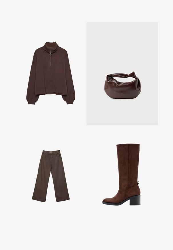 Brun pullover sweater med høj ribstrik krave, lynlås lukning, løs pasform og sænkede skuldre. Fremstillet af blødt strikmateriale.; Bredde ben brune denim bukser med et klassisk fem-lomme design, der har en knaplukning og en glat overflade.; Brun ruskindsstøvle til knæet med firkantet tå, blokhæl og en bageste trækkehette, der har ren syning og glat tekstur.; Mørkebrun læder skuldertaske med en blød, afslappet form og et snoet knudehåndtag på en ensartet hvid baggrund.