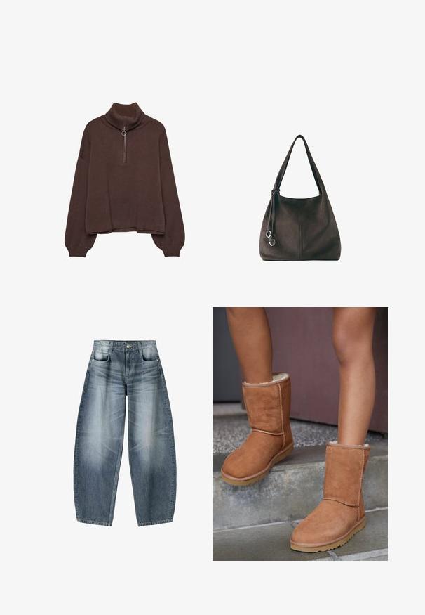 Brun pullover sweater med høj ribstrik krave, lynlås lukning, løs pasform og sænkede skuldre. Fremstillet af blødt strikmateriale.; Bredde jeans lavet af lyseblå denim med falmning, der har et fem-lomme design, knaplukning og minimale syninger.; Brune ruskind ankelstøvler med rund tå, blødt foer og gummisål, der har synlige stikninger langs sømmene.; Mørkebrun læder skuldertaske med en enkelt strop og to sølvfarvede dekorative metal accenter på en sideknude.
