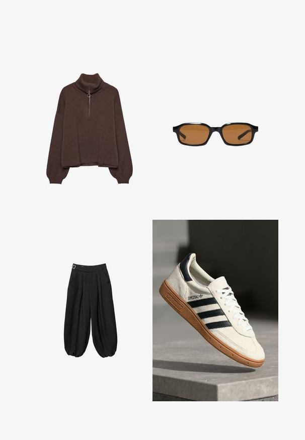 Brun pullover sweater med høj ribstrik krave, lynlås lukning, løs pasform og sænkede skuldre. Fremstillet af blødt strikmateriale.; Sorte bukser med vide ben med elastik og rynkede kanter, sidelommer, plisseringer og en sølvspænde i taljen.; Hvide ruskinds sneakers med marineblå striber, gummisål, struktureret overdel, rund tå og snøring; har branding på siden og tungen.; Sorte rektangulære solbriller med tykke stel og brune tonede linser, vist forfra på en hvid baggrund.