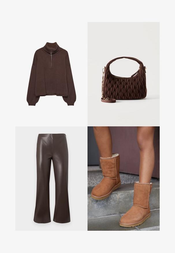 Brun pullover sweater med høj ribstrik krave, lynlås lukning, løs pasform og sænkede skuldre. Fremstillet af blødt strikmateriale.; Brune faux læder buks med vidde, højt liv og glat tekstur, der har et rent, skræddersyet design og brede benåbninger.; Brune ruskind ankelstøvler med rund tå, blødt foer og gummisål, der har synlige stikninger langs sømmene.; Brun quiltet håndtaske med buet topgreb og aftagelig kæderem, gyldent lynlås og tekstureret stof på en ensfarvet lys baggrund.