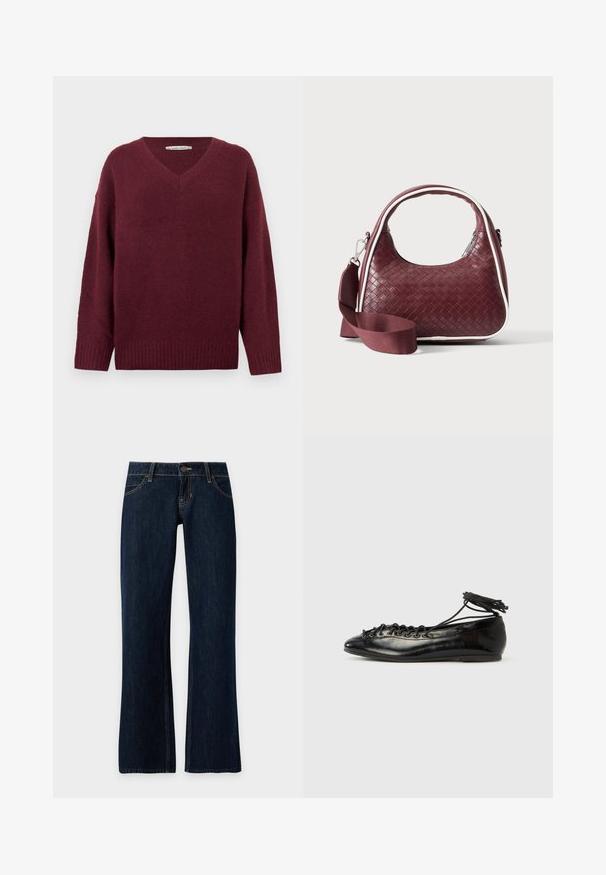 Pull col en V bordeaux en matière douce et texturée, avec manches larges et ourlet côtelé. Design simple et classique sans ornements.; Jean en denim bleu foncé avec une coupe droite, poches avant, passants de ceinture et fermeture par bouton sur un fond uni.; Ballerines en cuir verni noir avec un bout rond, un design à lacets et une semelle plate. Texture lisse avec peu de détails.; Sac à main en cuir tressé marron foncé avec poignée courbée, garniture blanche, fermeture éclair argentée et bandoulière large en tissu amovible sur fond uni.