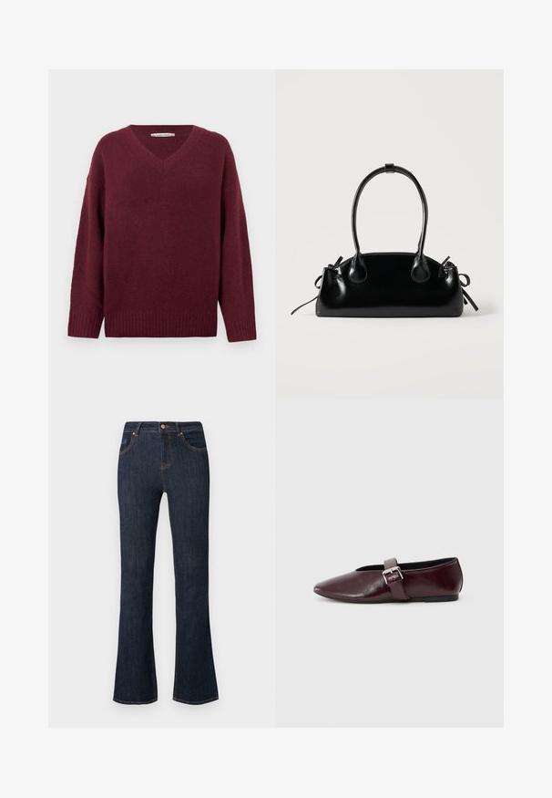 Pull col en V bordeaux en matière douce et texturée, avec manches larges et ourlet côtelé. Design simple et classique sans ornements.; Jean denim bleu foncé taille haute avec poches avant, fermeture par boutons et jambes légèrement évasées, présenté sur un fond uni.; Ballerines en cuir bordeaux avec un bout pointu, une semelle plate et une sangle décorative avec boucle sur le cou-de-pied. Texture lisse et brillante.; Petit sac à main noir brillant avec deux longues anses et des détails à cordon sur les côtés sur un fond clair uni.