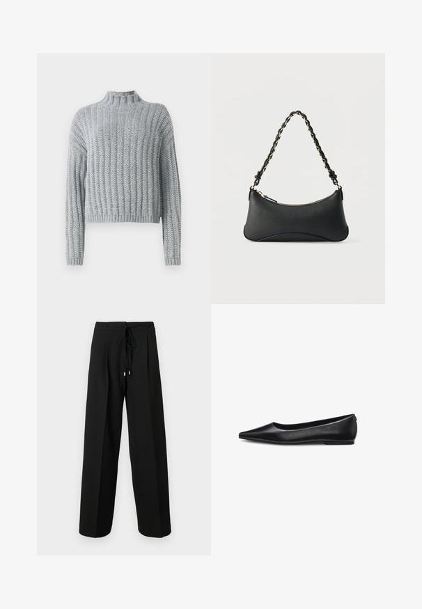Pull en tricot épais gris clair avec un motif en côtes, col montant, manches longues et une coupe légèrement cropped.; Pantalon noir à jambes larges avec taille à cordon, présentant des plis et une texture douce. Le design met l'accent sur le confort et une coupe ample.; Chaussure plate en cuir noir à bout pointu, talon bas et finition lisse, vue de côté sur fond blanc.; Sac à bandoulière en cuir noir de forme rectangulaire incurvée, avec une chaîne dorée tissée dans la bandoulière noire tressée et une fermeture éclair sur le dessus.