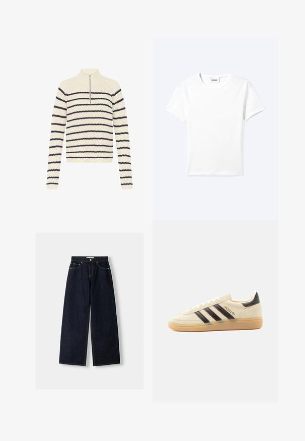 Pull en tricot crème avec des rayures bleu marine, doté d'un col zippé mi-hauteur, de manches longues et d'un motif texturé sur l'ensemble.; T-shirt blanc uni à manches courtes et col rond avec une petite étiquette "WEEKDAY" à l'intérieur de l'encolure, présenté à plat sur un fond clair.; Jean large en denim bleu foncé à taille haute, avec cinq poches, des coutures contrastées et des éléments en métal argenté. Texture lisse et finition soignée.; Baskets en daim crème avec des rayures noires, semelle en gomme, languette noire au talon et texte doré "SPEZIAL" sur le côté.