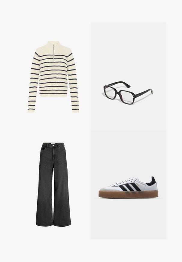 Pull en tricot crème avec des rayures bleu marine, doté d'un col zippé mi-hauteur, de manches longues et d'un motif texturé sur l'ensemble.; Jean noir taille haute à jambes larges avec bouton et fermeture éclair sur le devant, deux poches devant et derrière, en tissu denim.; Baskets en cuir blanc avec des rayures noires, semelle extérieure en caoutchouc beige, bout rond, fermeture lacée et embout en suède gris doux.; Lunettes noires rectangulaires avec des verres transparents, présentant des bords arrondis et des accents sur les côtés, avec une finition brillante sur la monture et les branches.