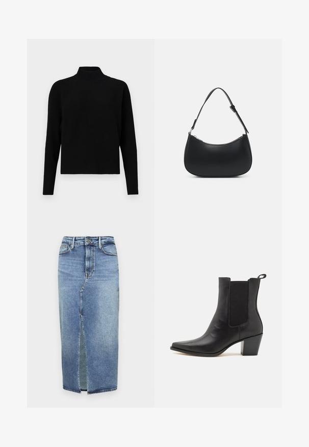 JDY Knitted JDYPRIME Knitted - Džemper - black; Good American SLIT FRONT MIDI - Teksaseelik - light blue denim; Dolce Vita SHADIE - Klassikalised poolsaapad - black; Pieces PCALUANA SHOULDER BAG - Käekott - black