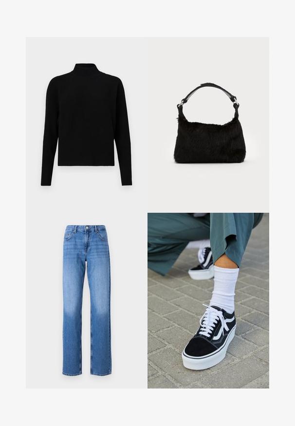 JDY Knitted JDYPRIME Knitted - Svetrík - black; Svetlomodré džíny z denimu s vysokým pásom, rovného strihu a vybledlými miestami. Obsahujú štandardné predné vrecká a zapínanie na gombík.; Čierne semišové tenisky s bielymi akcentmi a šnúrkami, s hrubou bielou podrážkou a kontrastným prešívaním, doplnené o bielu ponožku.; Čierna kabelka z umelého kožušiny s jemnou textúrou, zaobleným tvarom a pevným čiernym koženým ramenným popruhom. Viditeľné akcenty zo strieborného kovu.