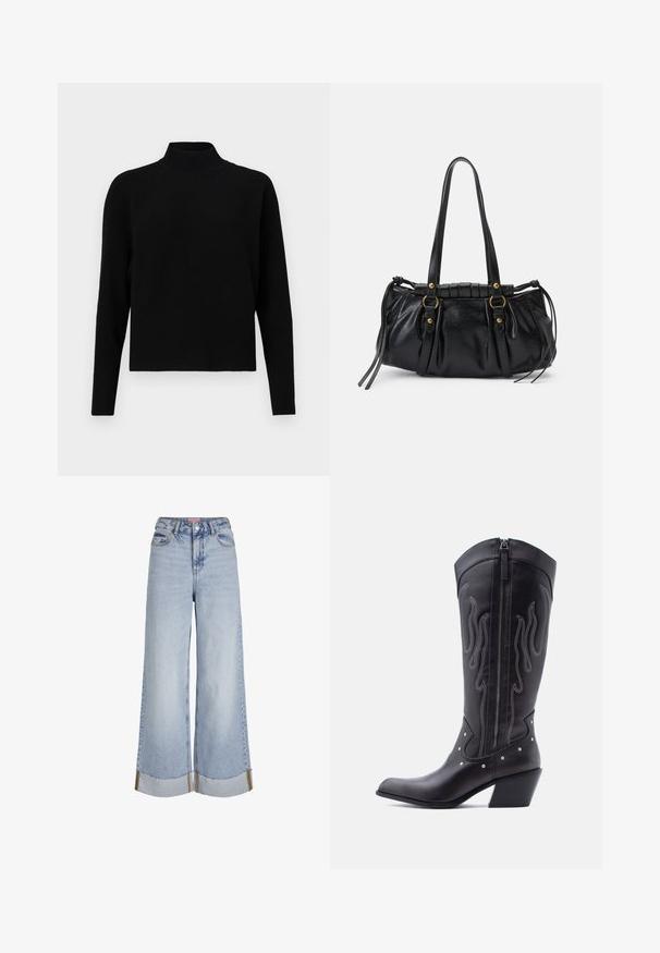 JDY Knitted JDYPRIME Knitted - Svetrík - black; Svetlomodré široké džínsy s vysokým pásom, rozstrapkanými okrajmi a kontrastnými švami, vyrobené z denimu.; Čierne kožené kovbojské čižmy so špicatou špičkou, viditeľným prešívaním, striebornými ozdobnými nitmi a zipsom na vnútornej strane.; Čierna kožená kabelka so zaobleným tvarom, dvojitými uchami, dekoratívnymi kovovými prvkami a detailmi so šnúrkami na bokoch. Hladký, lesklý povrch.