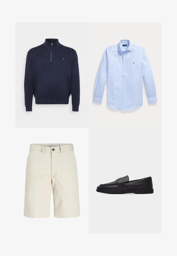 Mørkeblå ribstrikket sweater med høj krave og halv lynlås, prydet med et lille broderet logo på venstre bryst. Blød tekstur.; Lyseblå langærmet skjorte med hvide lodrette striber og et lille broderet logo på venstre bryst.; Beige knælange herreshorts med bæltestropper, knap foran og lynlåslukning, lavet af Jack & Jones.; Sort herreloafer i læder med mokastøvle-tå, remdetalje på toppen og flad gummisål, vist i sideprofil på hvid baggrund.