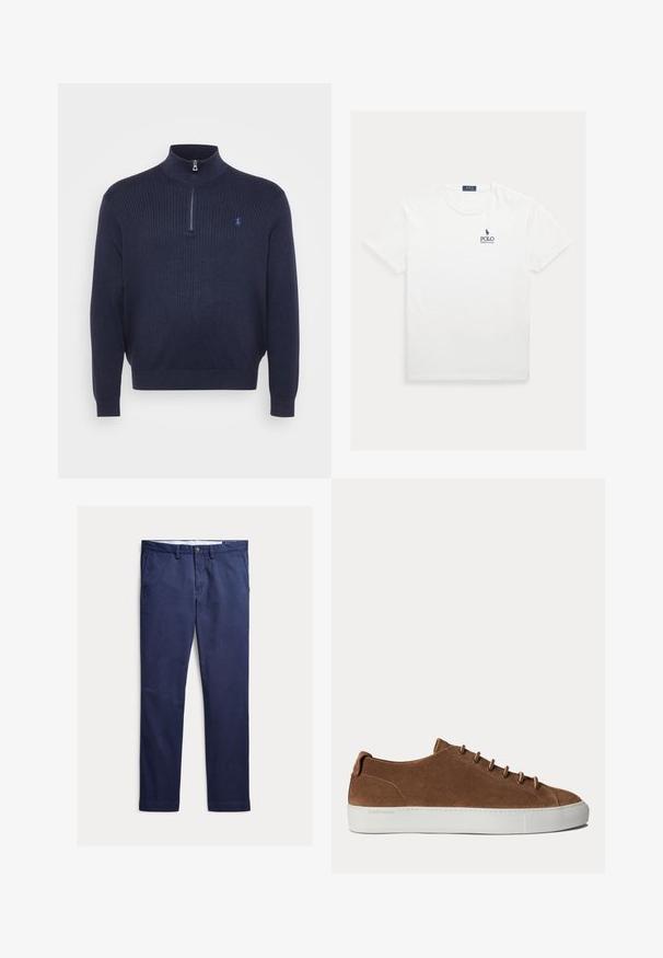 Mørkeblå ribstrikket sweater med høj krave og halv lynlås, prydet med et lille broderet logo på venstre bryst. Blød tekstur.; Hvid t-shirt med korte ærmer og rund hals, med lille mørkeblå Polo Ralph Lauren-logo på venstre bryst.; Marineblå bukser med lige ben, bæltestropper, knap- og lynlåslukning, forlommer og en skræddersyet pasform.; Brun ruskindssneaker med hvid gummisål og matchende brune snørebånd vist fra siden på en hvid baggrund.