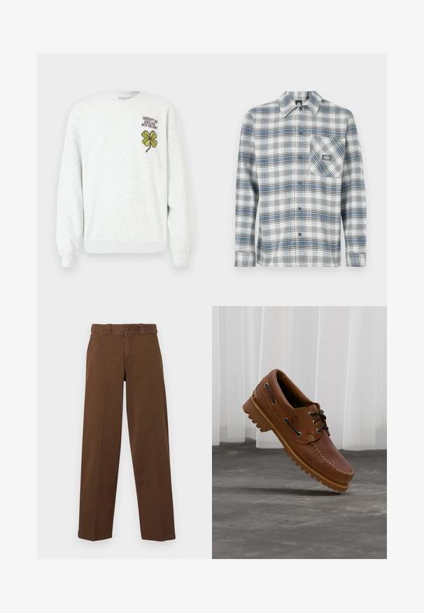 Sweat-shirt gris en tissu texturé, doté d'un col rond, de manches longues, avec un motif graphique de trèfle à quatre feuilles vert et un texte sur la poitrine.; Chemise à manches longues à carreaux gris, bleu et blanc. Dispose d'un col boutonné et d'une poche poitrine gauche avec un patch logo.; Pantalon marron à jambes droites avec fermeture à boutons et zip, passants pour ceinture et poches latérales, présenté sur un fond clair.; Chaussure de bateau en cuir marron avec des lacets noirs, des coutures beiges et une semelle robuste, suspendue au-dessus d'un sol en béton gris.
