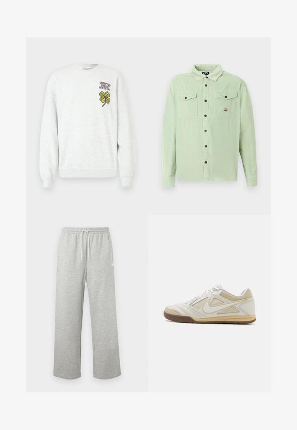 Sweat-shirt gris en tissu texturé, doté d'un col rond, de manches longues, avec un motif graphique de trèfle à quatre feuilles vert et un texte sur la poitrine.; Chemise à manches longues en velours côtelé vert clair avec des boutons marron et deux poches poitrine à boutons, dont une avec un petit patch logo.; Pantalon de survêtement gris clair à cordon de serrage avec taille élastique et jambes larges et droites, présenté sur un fond uni.; Chaussure de sport blanche avec une tige texturée, accents gris, design à lacets et semelle en caoutchouc beige. Présente un logo distinctif sur le côté.