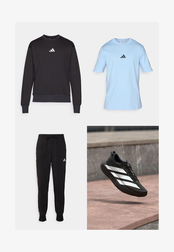 Must zwart sweatshirt pikäste varrukatega, sooniküsad ja päär; esiküljel on valge Adidas logo, mis on valmistatud pehmest, tekstureeritud kangast.; Hele sinine puuvillane särk lühikeste varrukatega ja ümmarguse kaelusega. Rinnal on väike must Adidas logo. Pehme tekstuur.; Mustad mustad spordipüksid pehmest kangast, millel on nööriga talje ja valged külje triibud. Elastsed mansetid hüppeliigestes.; Mustad vabaajajalats valge kolme triibu disainiga, mustad paelad ja paks tall, ripub kivipinna kohal õues.