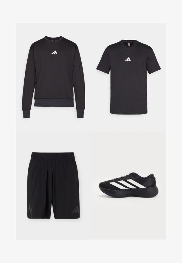 Sort sweatshirt med lange ærmer, ribbede manchetter og kant; har et hvidt Adidas-logo på brystet, fremstillet af blødt, tekstureret stof.; Sort bomulds t-shirt med korte ærmer, der har et hvidt Adidas-logo på brystet. Klassisk rund hals design.; Sorte atletikshorts med elastisk taljebånd, med diskret Adidas-logo på højre ben og teamemblem på venstre ben.; Sort løbesko med tyk sål og tre hvide diagonale striber på siden, set fra ydersiden.