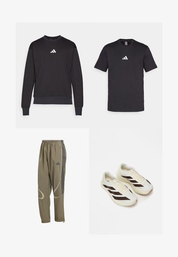 Čierna mikina s dlhými rukávmi, rebrovanými manžetami a lemom; na hrudi sa nachádza biele logo Adidas, vyrobená z mäkkej, textúrovanej tkaniny.; Čierne bavlnené tričko s krátkymi rukávmi, s bielym logom Adidas na hrudi. Klasický dizajn s okrúhlym výstrihom.; Ľahké, taupe športové nohavice s elastickým pásom, tromi tmavými pruhmi po stranách a zakrivenými akcentmi pri vreckách.; Svetlé krémové bežecké tenisky s tmavohnedými diagonálnymi pruhmi, textúrovaný vrch z sieťoviny a polstrovanú podrážku. Obsahujú žltú značku "ADIZERO".
