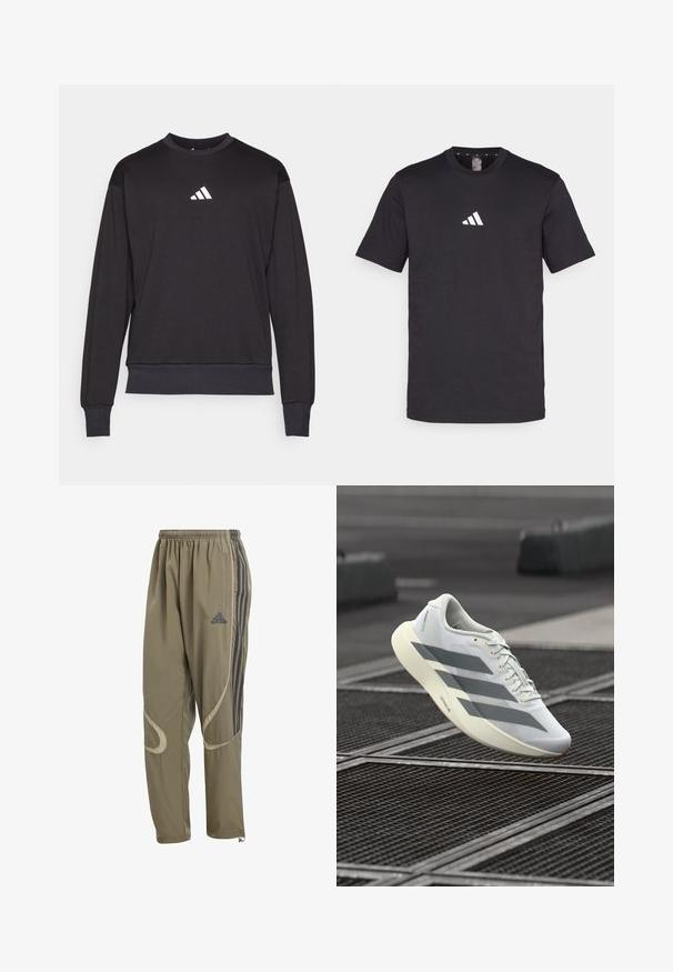Čierna mikina s dlhými rukávmi, rebrovanými manžetami a lemom; na hrudi sa nachádza biele logo Adidas, vyrobená z mäkkej, textúrovanej tkaniny.; Čierne bavlnené tričko s krátkymi rukávmi, s bielym logom Adidas na hrudi. Klasický dizajn s okrúhlym výstrihom.; Ľahké, taupe športové nohavice s elastickým pásom, tromi tmavými pruhmi po stranách a zakrivenými akcentmi pri vreckách.; Biela športová obuv s textúrovaným sieťovinovým zvrškom, s šedými pruhmi a vankúšovou podrážkou. Ľahký dizajn vhodný na beh.