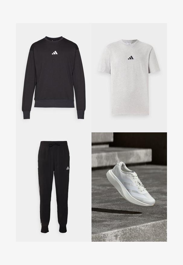 Čierna mikina s dlhými rukávmi, rebrovanými manžetami a lemom; na hrudi sa nachádza biele logo Adidas, vyrobená z mäkkej, textúrovanej tkaniny.; Šedé bavlnené tričko s krátkymi rukávmi a okrúhlym výstrihom, s malým čiernym logom so tromi pruhmi na hornej ľaviej strane hrude.; Čierne športové nohavice z mäkkej tkaniny, s pásom na šnúrku a bielymi bočnými pruhmi. Elastické manžety pri členkoch.; Biela športová obuv s priedušným sieťovinovým zvrškom, tromi bočnými pruhmi, flexibilnou podrážkou a minimalistickým dizajnom, zavesená nad sivým betónovým povrchom.