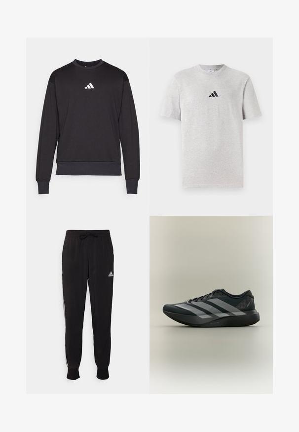 Must zwart sweatshirt pikäste varrukatega, sooniküsad ja päär; esiküljel on valge Adidas logo, mis on valmistatud pehmest, tekstureeritud kangast.; Hallhalli halli puuvillane t-särk lühikeste varrukatega, ümmarguse kaelusega, millel on väike must kolme triibu logo vasakus ülemises rinnaosas.; Mustad mustad spordipüksid pehmest kangast, millel on nööriga talje ja valged külje triibud. Elastsed mansetid hüppeliigestes.; Must jooksujalanõu kolme halli triibuga küljel ja paksu polsterdatud tallaga, nähtud küljele ühevärvilise taustaga.