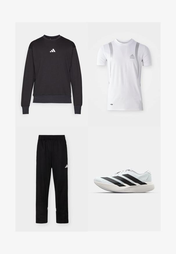 Sort sweatshirt med lange ærmer, ribbede manchetter og kant; har et hvidt Adidas-logo på brystet, fremstillet af blødt, tekstureret stof.; Hvid kortærmet træningsskjorte med sølvdetaljer, med rund hals og et Adidas-logo på brystet. Lavet af fugttransporterende materiale.; Sorte atletikbukser med elastisk talje og hvid Adidas-logo på højre lår mod ensfarvet baggrund.; Hvid løbesko med tre store sorte striber på siden og en tyk buet sål mærket Lightstrike Pro.