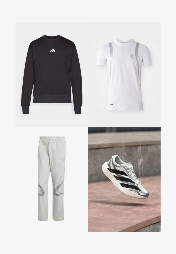 Schwarzer Pullover mit langen Ärmeln, gerippten Bündchen und Saum; verfügt über ein weißes Adidas-Logo auf der Brust und besteht aus weichem, strukturiertem Material.; Weißes athletic Shirt mit kurzen Ärmeln und silbernen Akzenten, runder Ausschnitt und einem Adidas-Logo auf der Brust. Hergestellt aus feuchtigkeitsableitendem Stoff.; Helle graue gewobene Hosen mit einem elastischen Bund und abstrakten grauen Mustern an den Seiten. Bietet einen lockeren, geraden Schnitt.; Weißer und grauer Laufschuh mit schwarzen Streifen, schwebend über einer rosafarbenen Betonfläche nahe einer grauen Steinmauer.